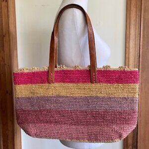 MAR Y SOL Allegra Raffia Woven Large Tote Bag Pink Purple Stripe